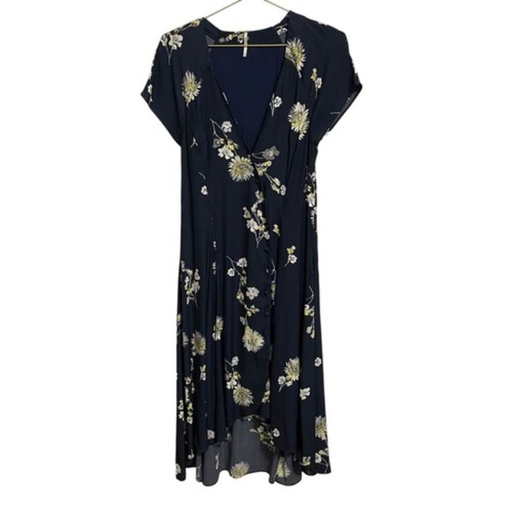 Free People Navy Blue Floral High-Low Button Front Midi Dress Boho V-Neck MED